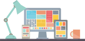 Computer, tablet, and phone on desk.